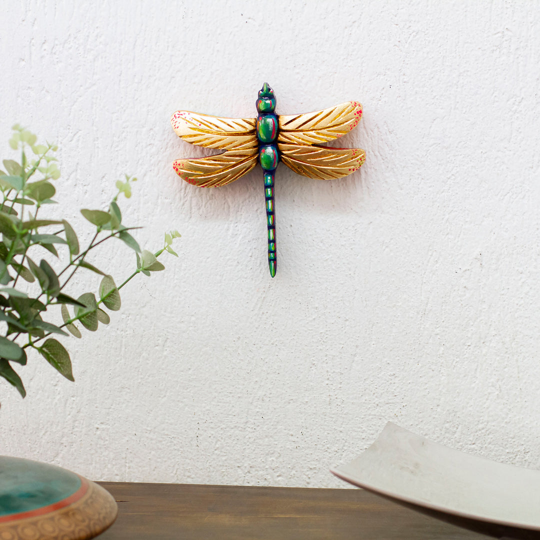 Hand-Carved Pinewood Dragonfly Magnet in Golden and Green - Splendorous Fluttering