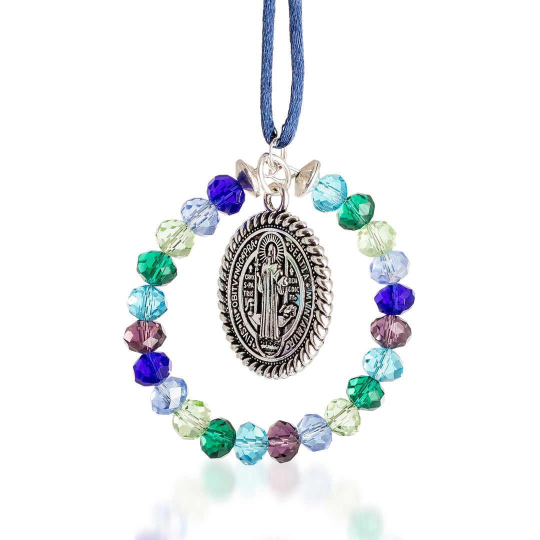 Winter-Themed Crystal Suncatcher with Saint Benedict Pendant - Saint Benedict in Winter
