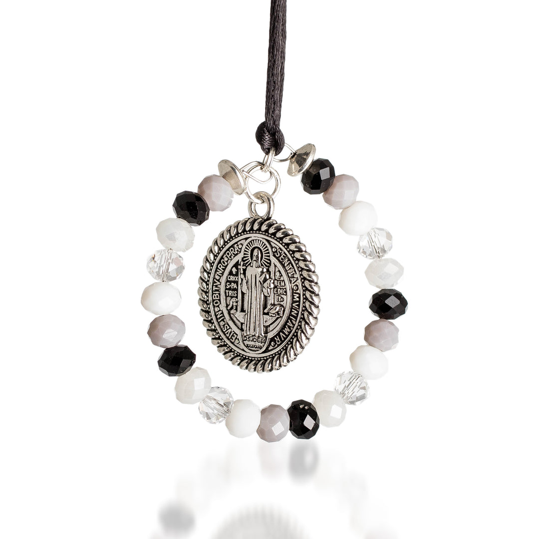 Black and White Crystal Beaded Saint Benedict Suncatcher - Saint Benedict in Elysium