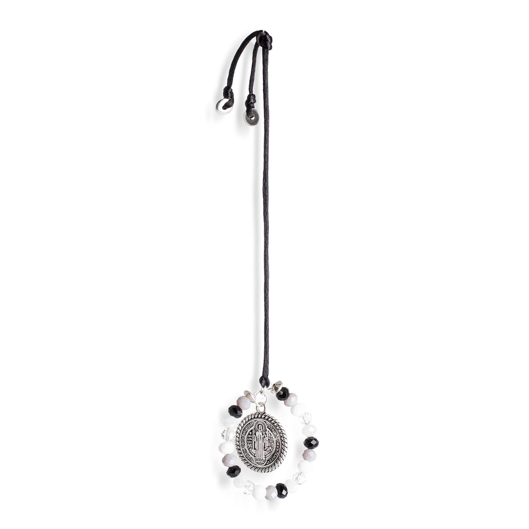 Black and White Crystal Beaded Saint Benedict Suncatcher - Saint Benedict in Elysium