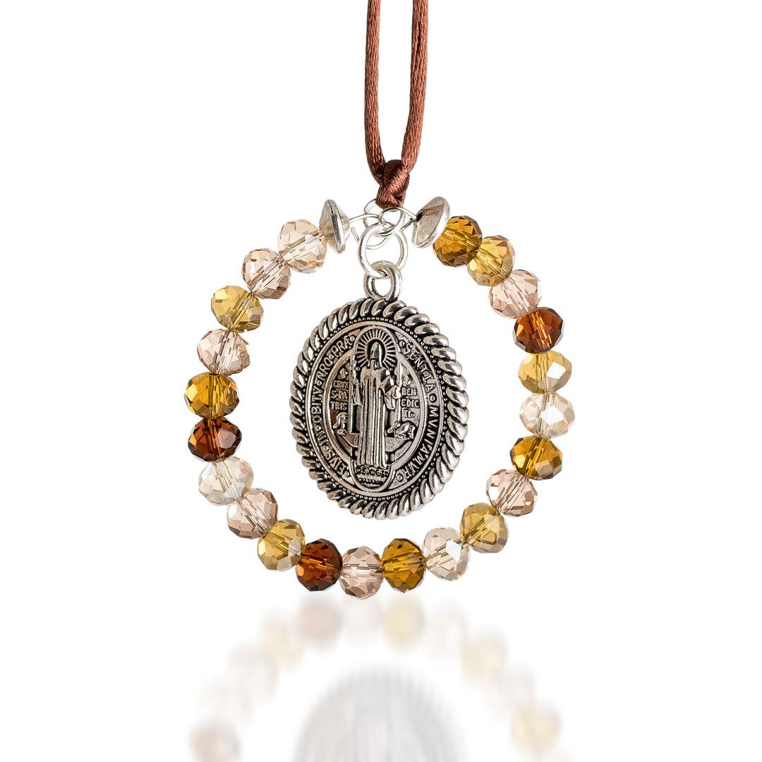 Crystal and Pewter Saint Benedict Suncatcher in Earthy Hues - Saint Benedict in Earth
