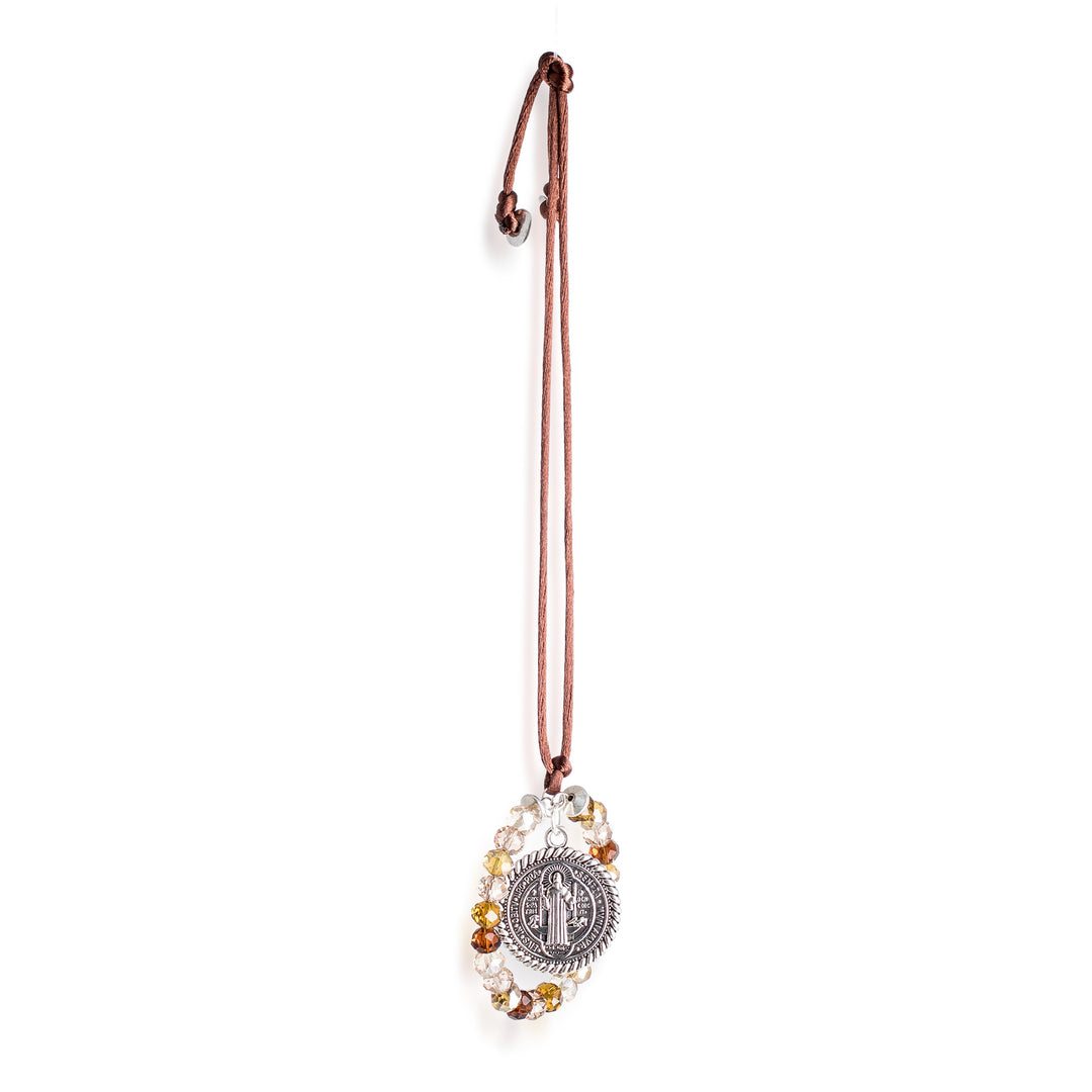 Crystal and Pewter Saint Benedict Suncatcher in Earthy Hues - Saint Benedict in Earth