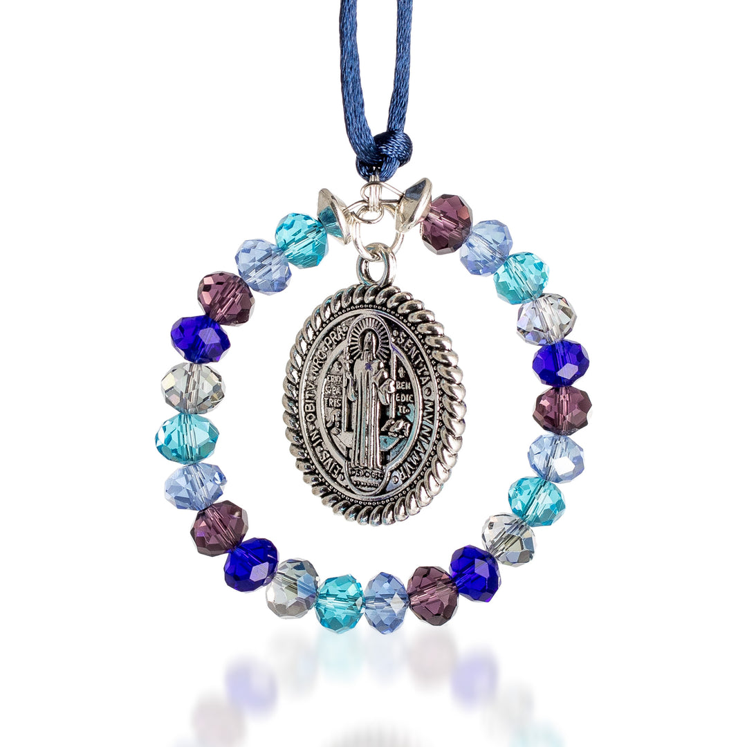 Blue and Purple Crystal and Pewter Saint Benedict Suncatcher - Saint Benedict at Sea