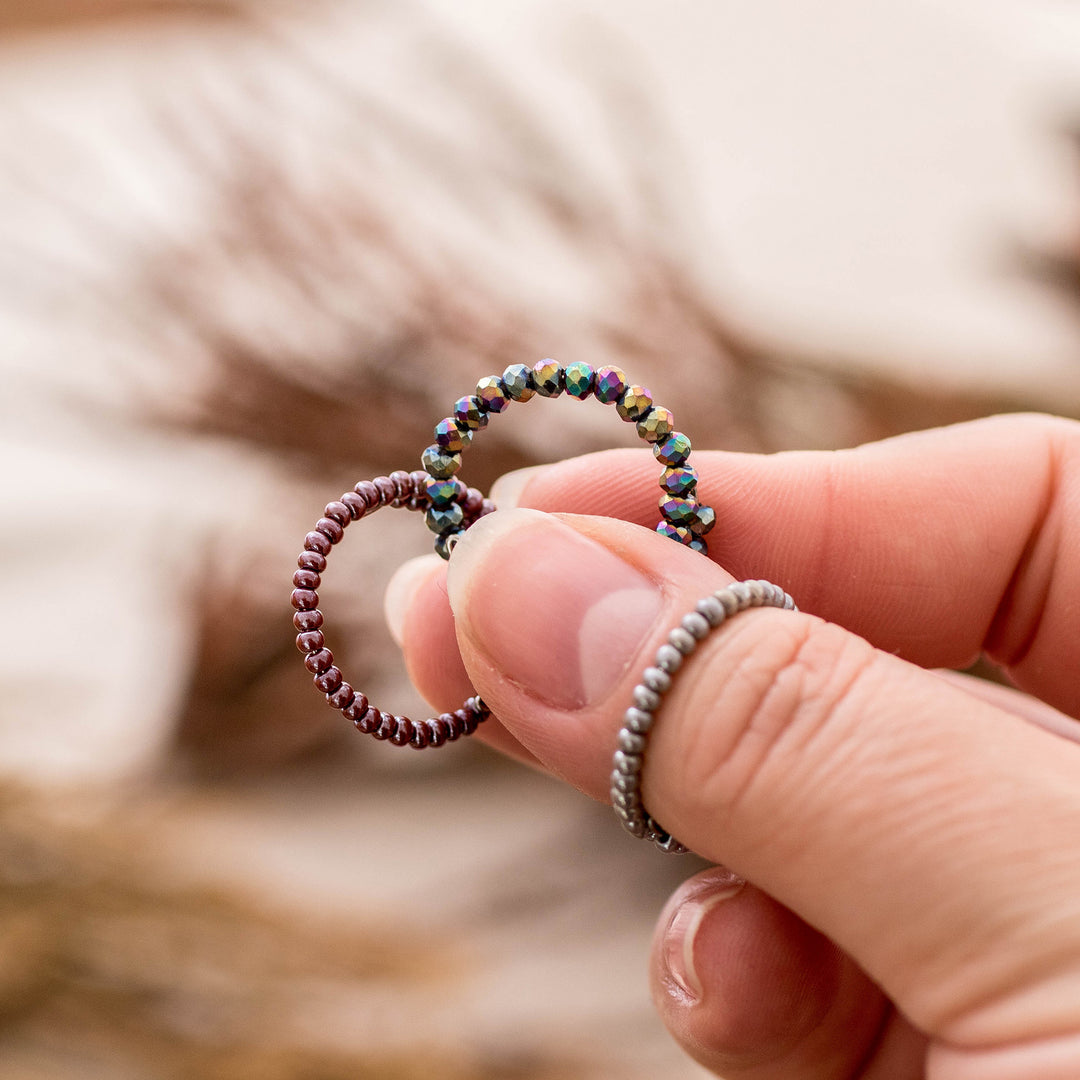Artisan-Made 3-Piece Crystal and Glass Beaded Wrap Ring Set - Evening Glints