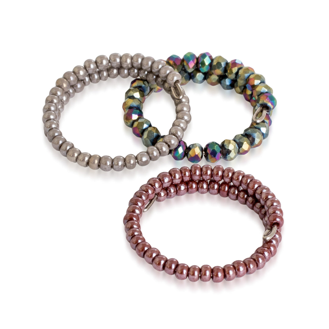 Artisan-Made 3-Piece Crystal and Glass Beaded Wrap Ring Set - Evening Glints