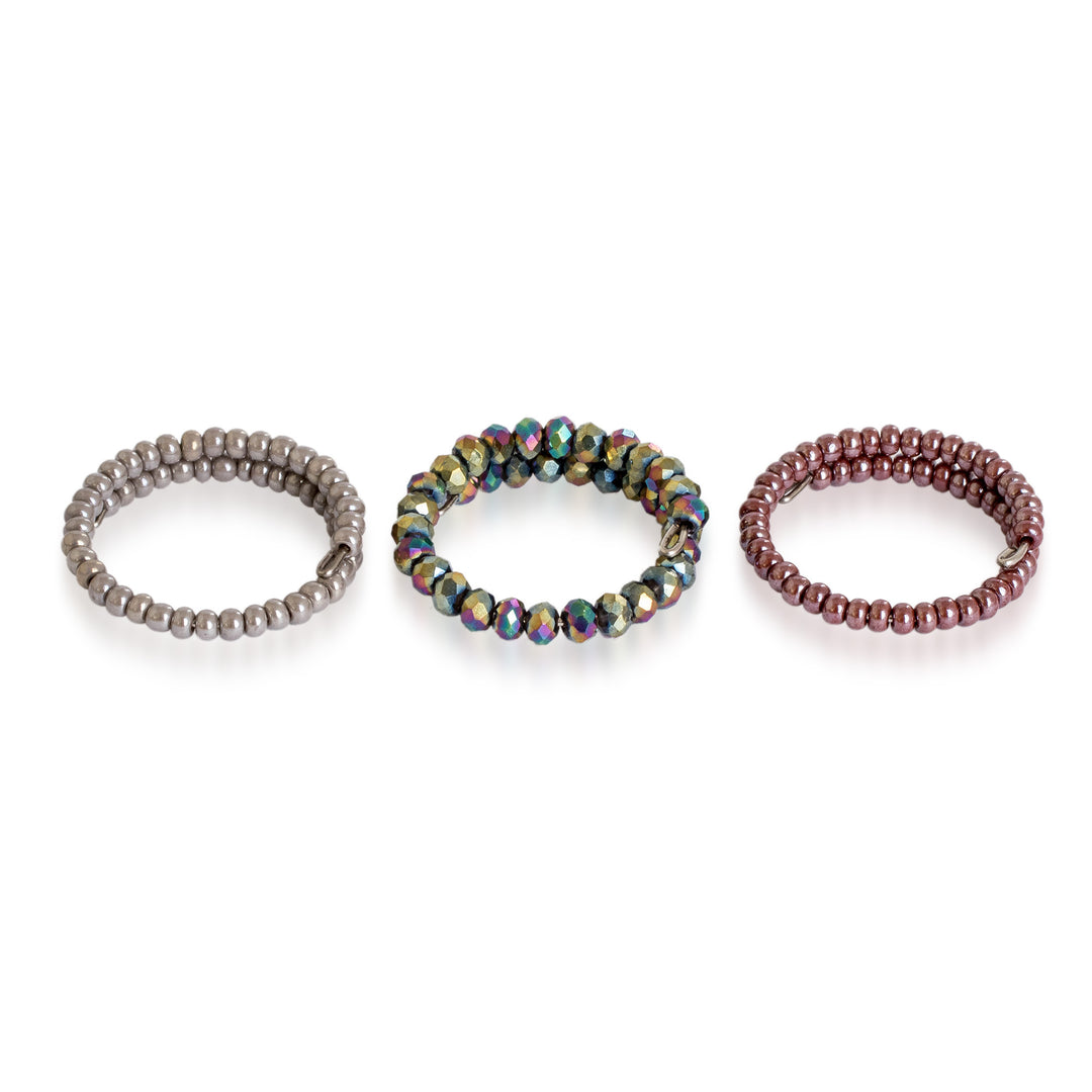 Artisan-Made 3-Piece Crystal and Glass Beaded Wrap Ring Set - Evening Glints
