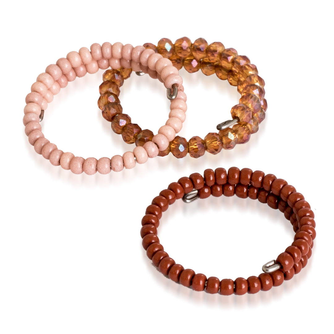 Earthy-Toned 3-Piece Crystal and Glass Beaded Wrap Ring Set - Earthy Glints