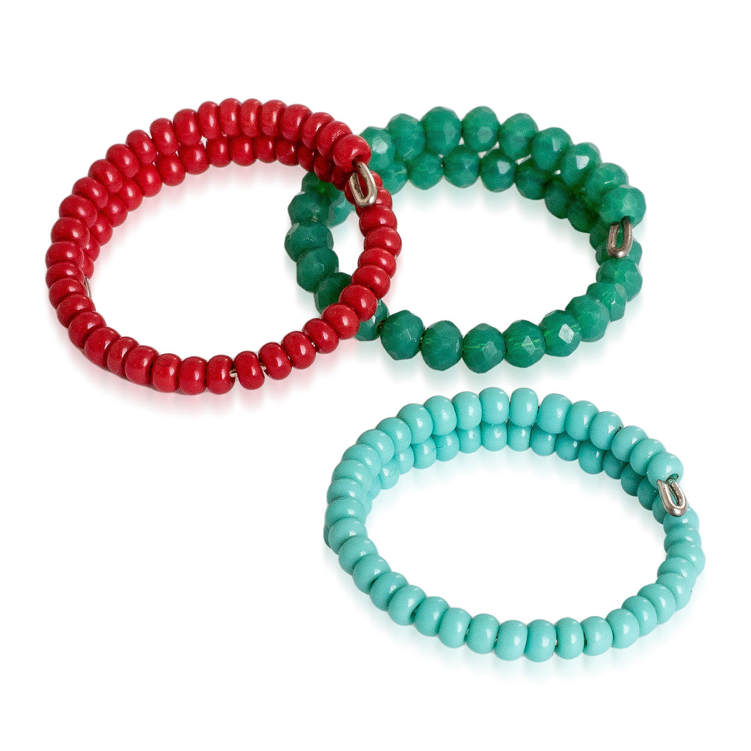 Set of 3 Crystal and Glass Bead Wrap Rings in Green and Red - Reef Glints