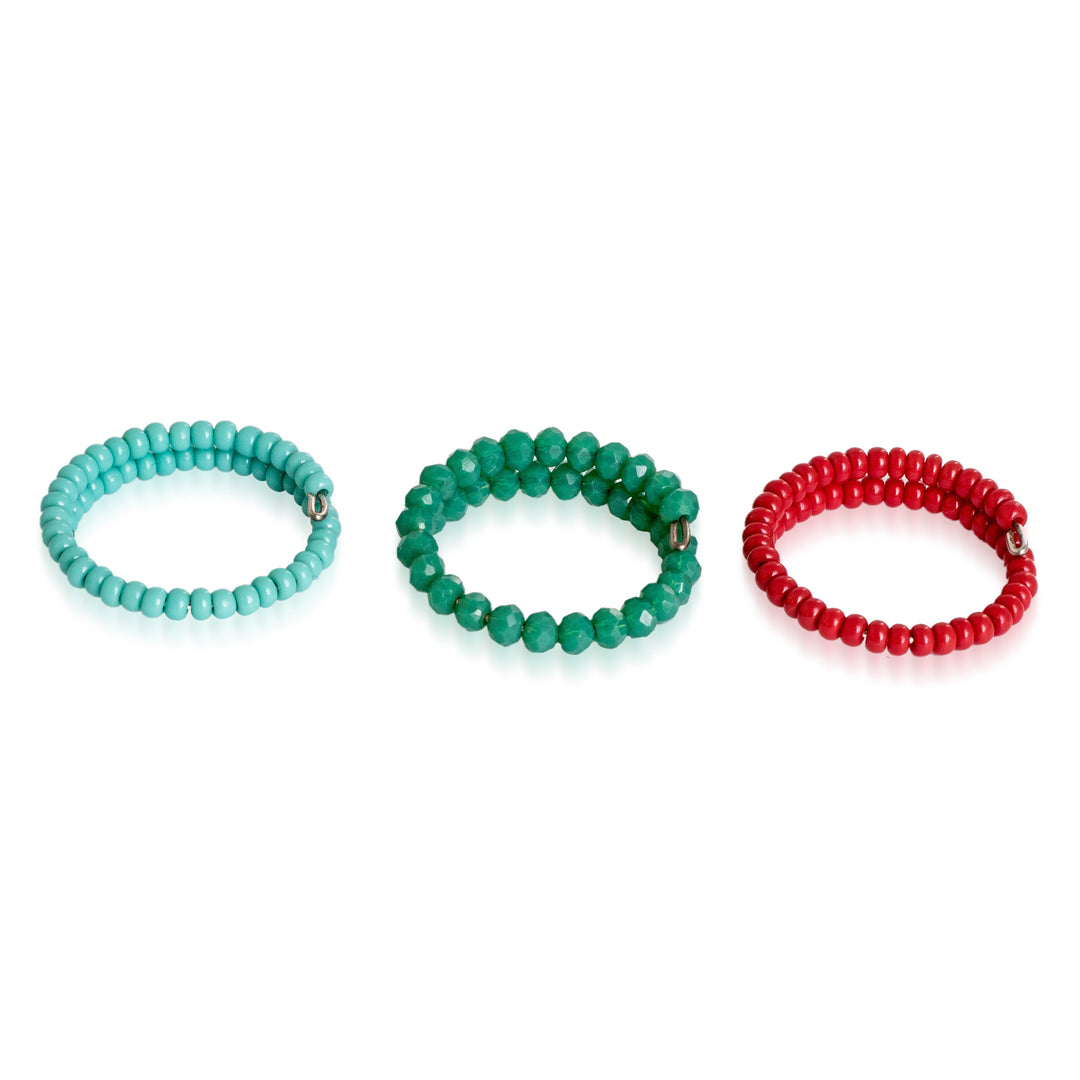 Set of 3 Crystal and Glass Bead Wrap Rings in Green and Red - Reef Glints