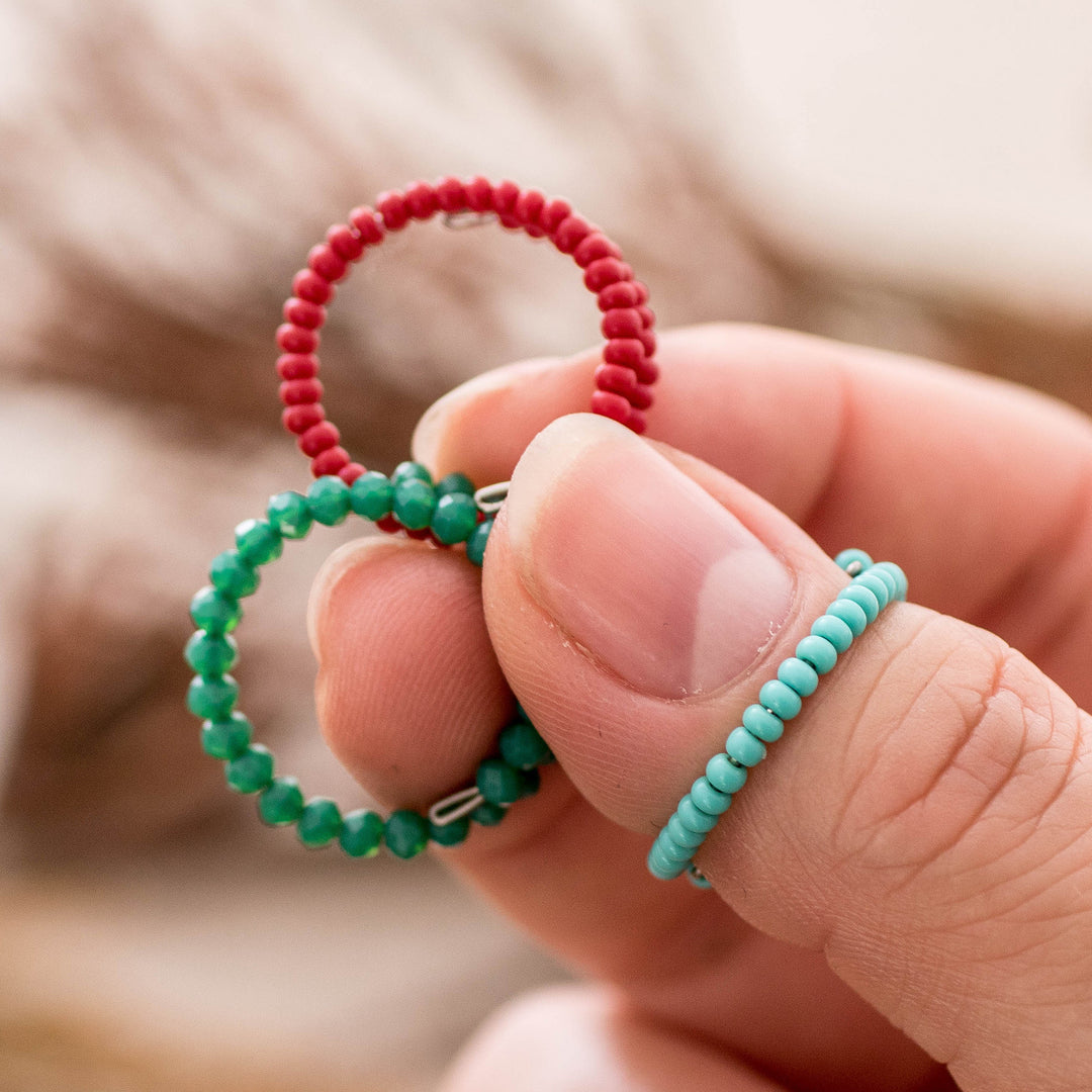 Set of 3 Crystal and Glass Bead Wrap Rings in Green and Red - Reef Glints