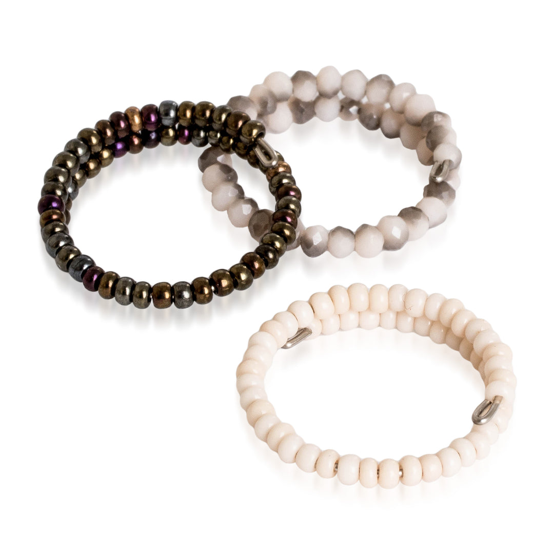 Guatemalan-Made Set of 3 Crystal and Glass Beaded Wrap Rings - Mist Glints