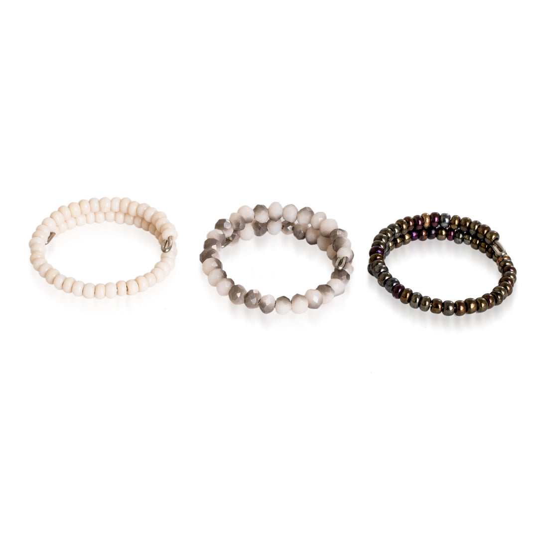 Guatemalan-Made Set of 3 Crystal and Glass Beaded Wrap Rings - Mist Glints