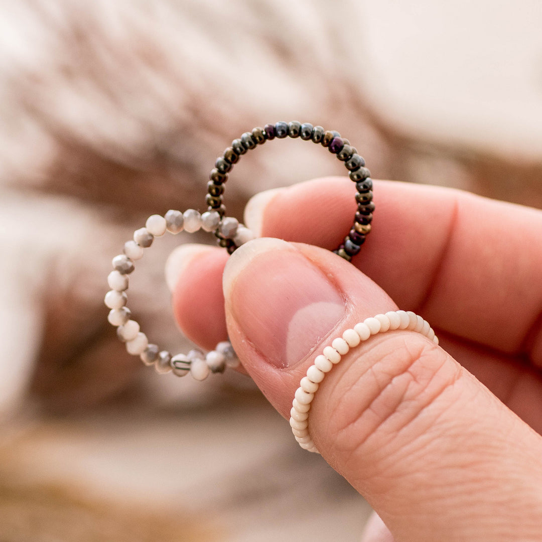 Guatemalan-Made Set of 3 Crystal and Glass Beaded Wrap Rings - Mist Glints