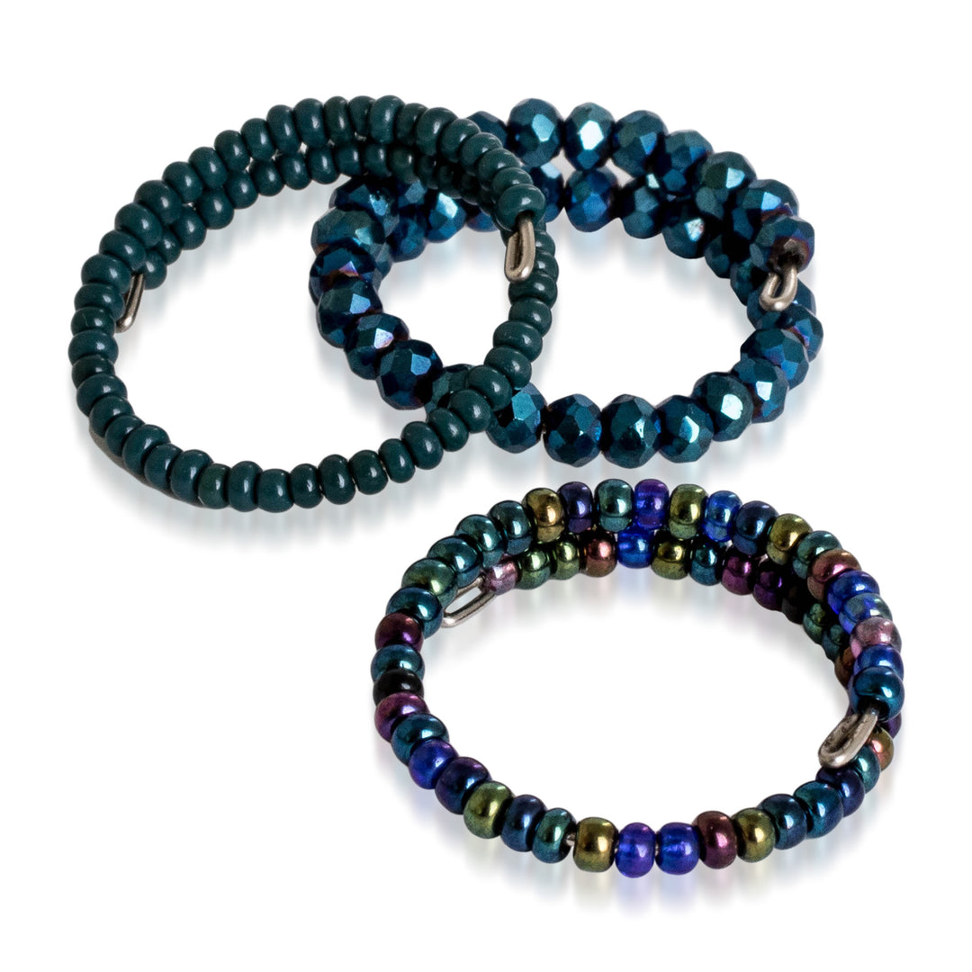 Set of 3 Crystal and Glass Beaded Rings in Teal and Blue - Dew Glints