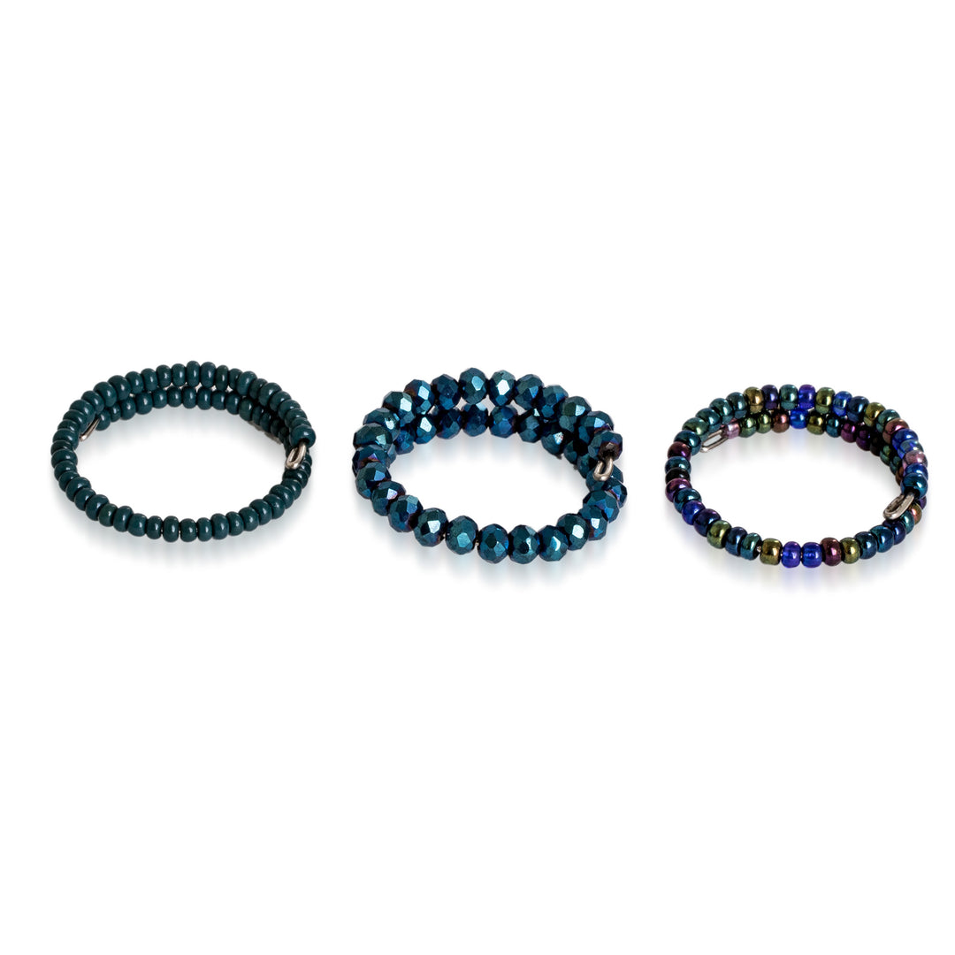 Set of 3 Crystal and Glass Beaded Rings in Teal and Blue - Dew Glints