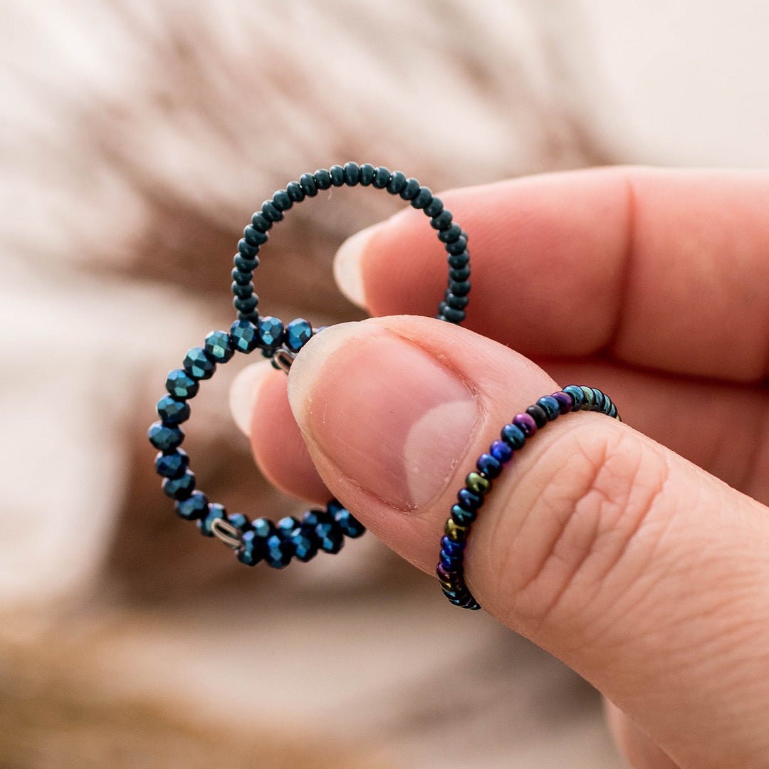 Set of 3 Crystal and Glass Beaded Rings in Teal and Blue - Dew Glints