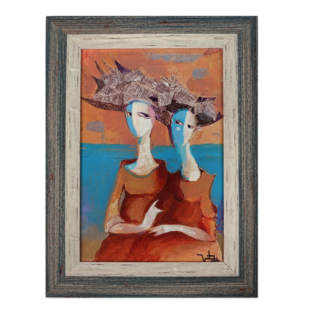 Framed Acrylic on Canvas Surrealist Painting of Two Women - Theatre Box