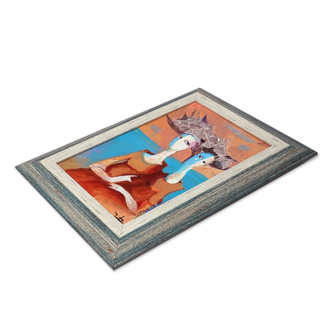 Framed Acrylic on Canvas Surrealist Painting of Two Women - Theatre Box
