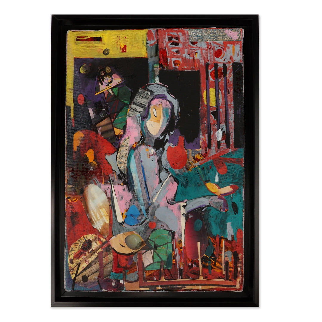 Framed Surrealist Modern Acrylic and Paper Collage Painting - Dream