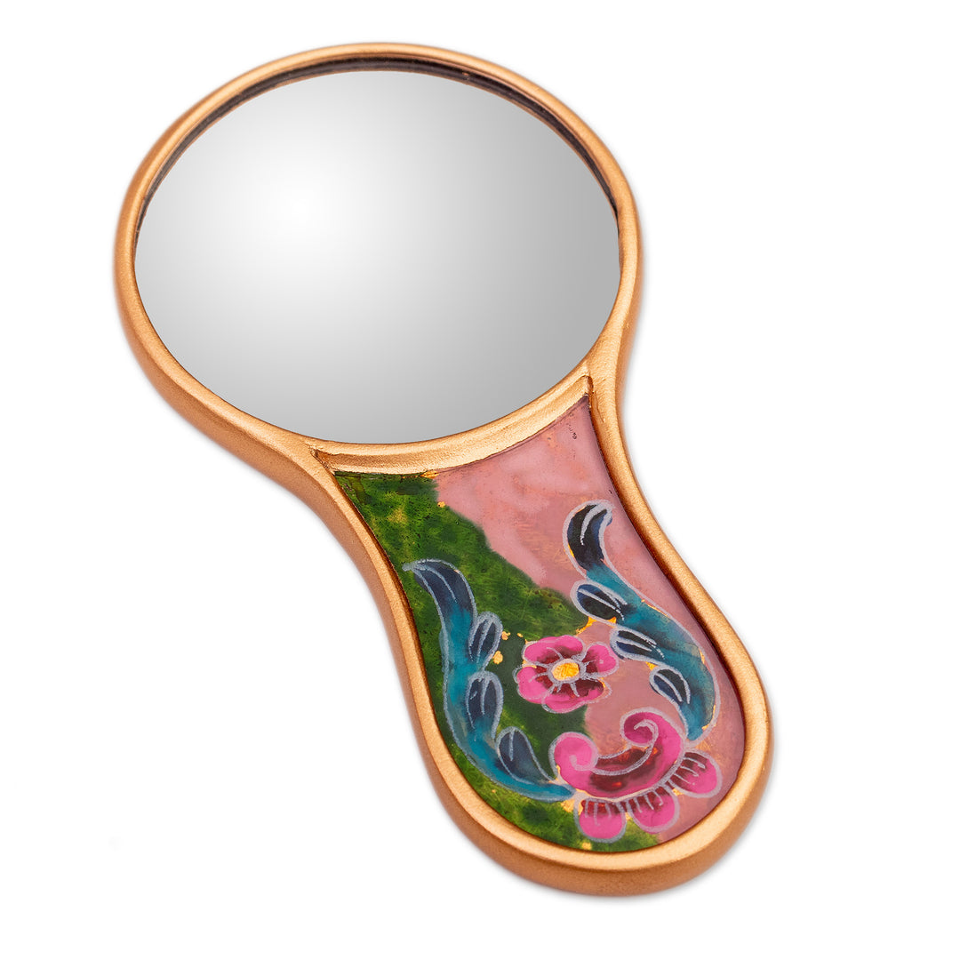 Baroque-Themed Floral Reverse-Painted Glass Wood Hand Mirror - Primaveral Fields
