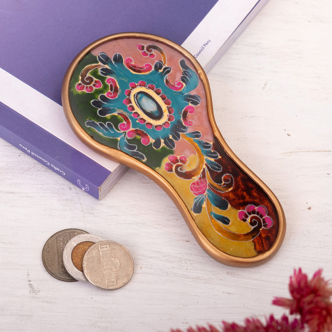 Baroque-Themed Floral Reverse-Painted Glass Wood Hand Mirror - Primaveral Fields