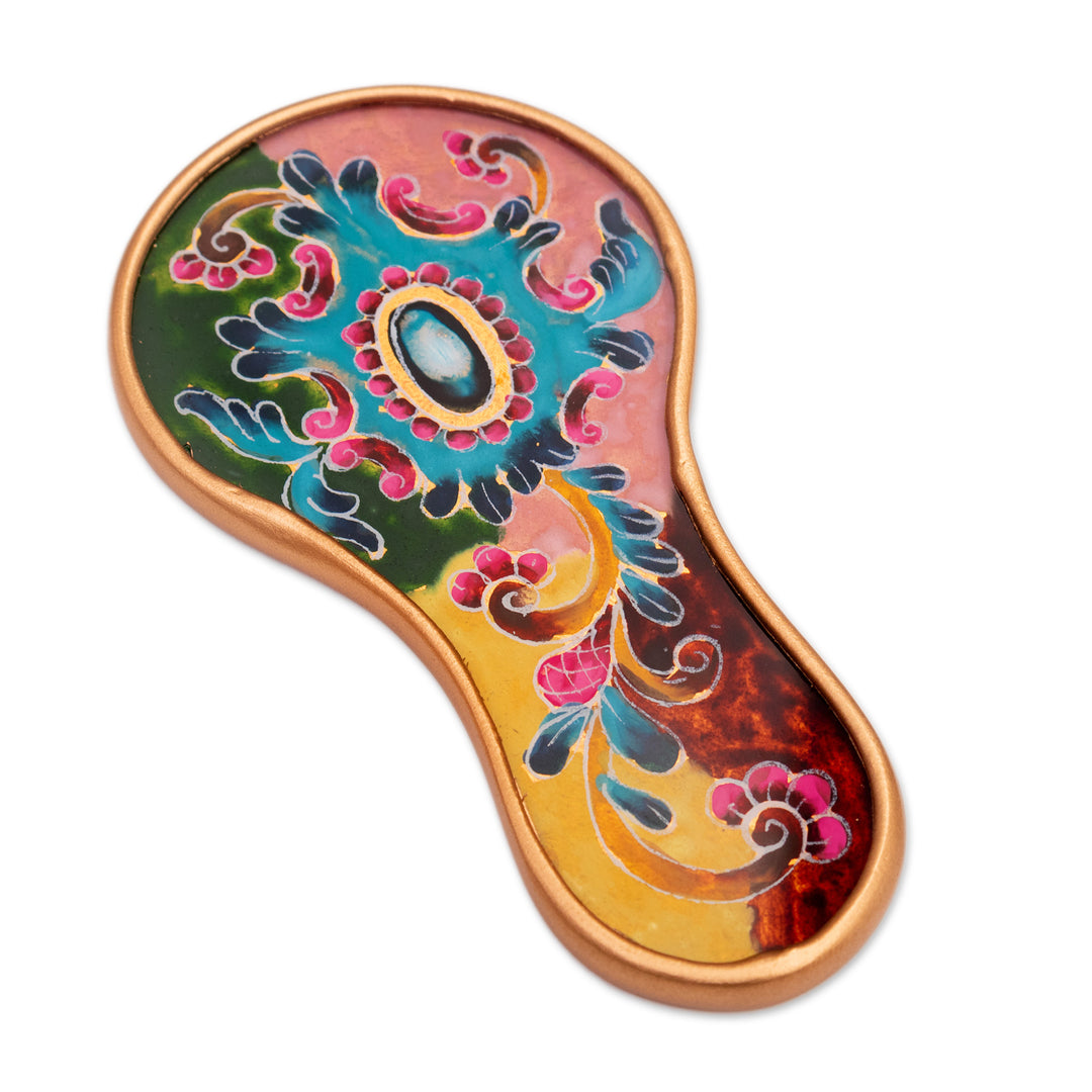 Baroque-Themed Floral Reverse-Painted Glass Wood Hand Mirror - Primaveral Fields