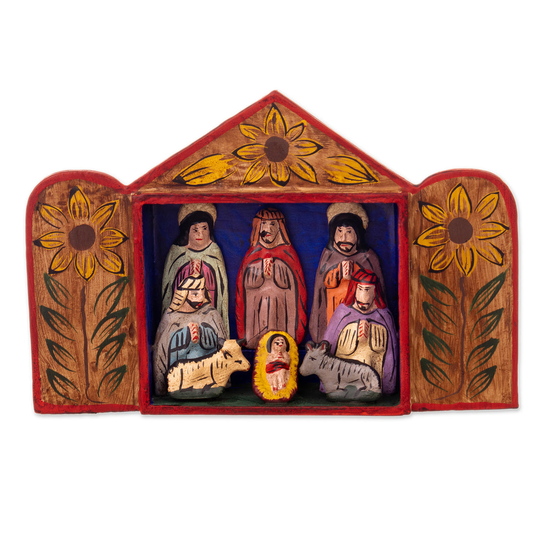 Fair Trade Artisan-Made Wood and Ceramic Nativity Retablo - Caring for Baby Jesus