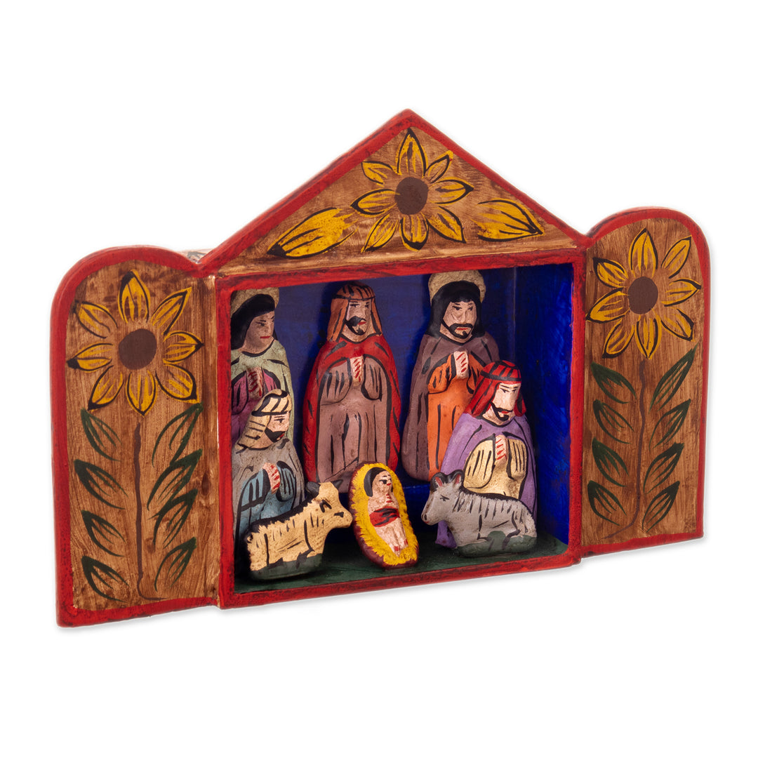 Fair Trade Artisan-Made Wood and Ceramic Nativity Retablo - Caring for Baby Jesus