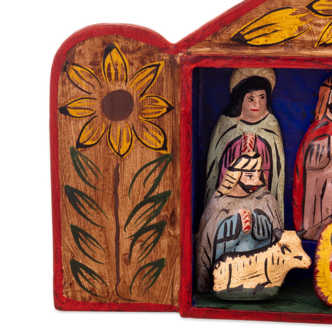 Fair Trade Artisan-Made Wood and Ceramic Nativity Retablo - Caring for Baby Jesus
