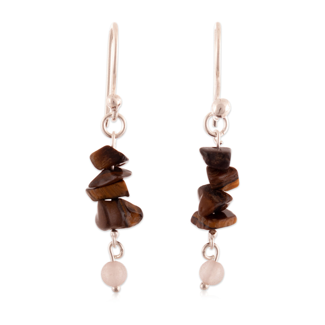 Tiger's Eye and Rose Quartz Beaded Silver Dangle Earrings - Delightful Glints