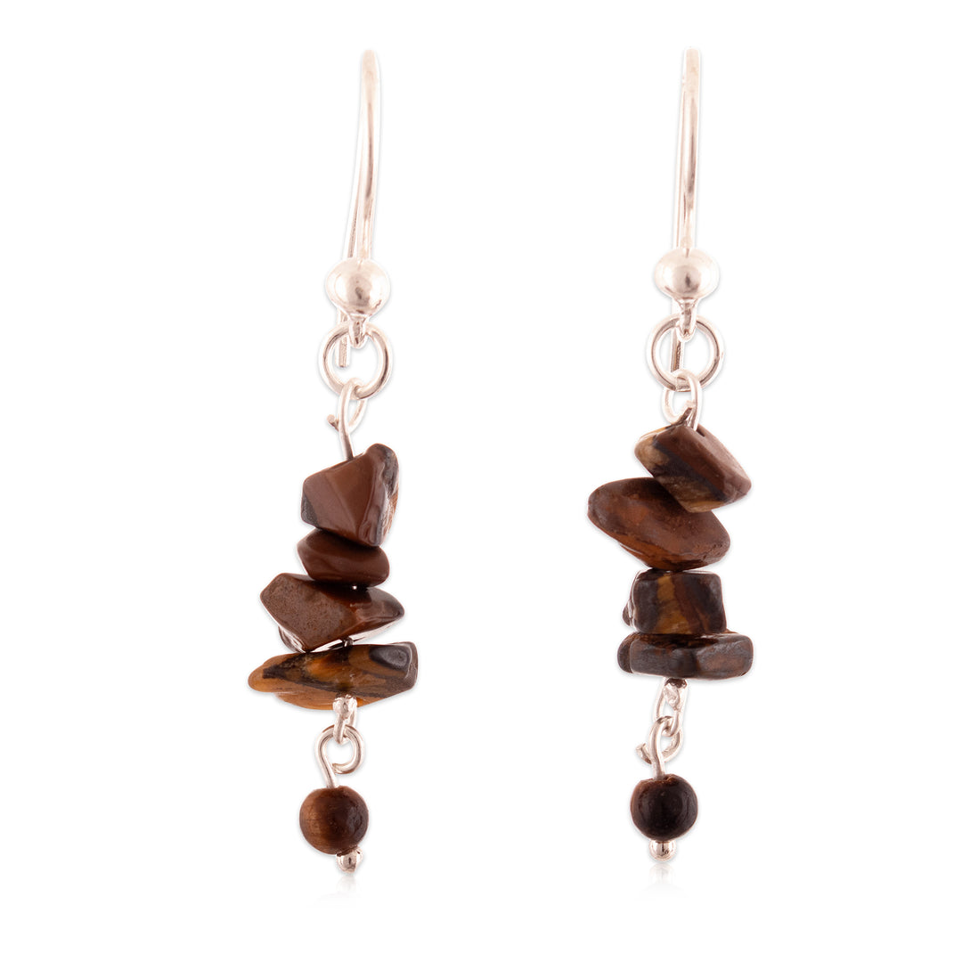 Silver Dangle Earrings with Tiger's Eye Chips and Beads - Mystic Glints