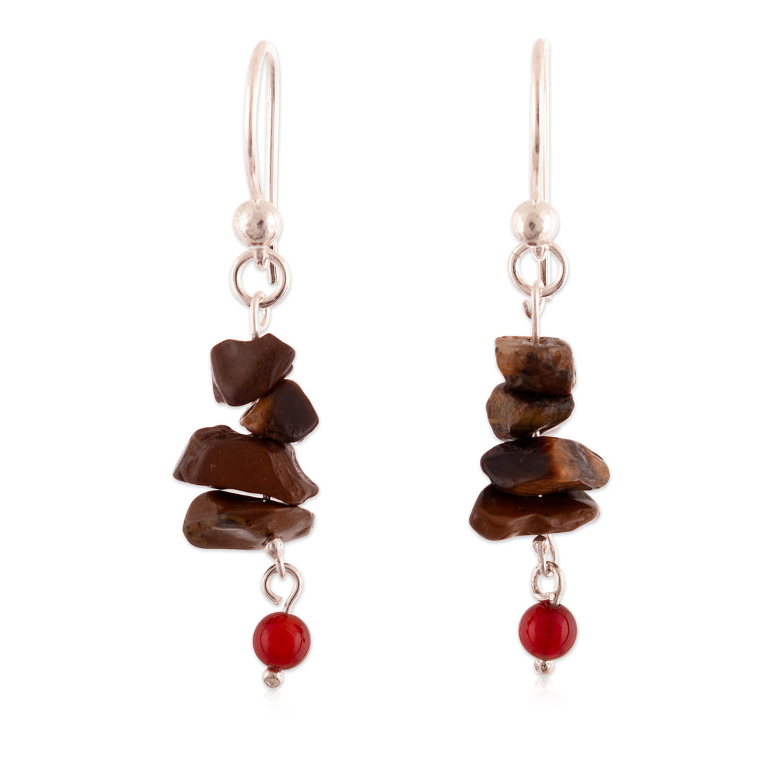 Tiger's Eye Carnelian Beaded Sterling Silver Dangle Earrings - Bold Glints