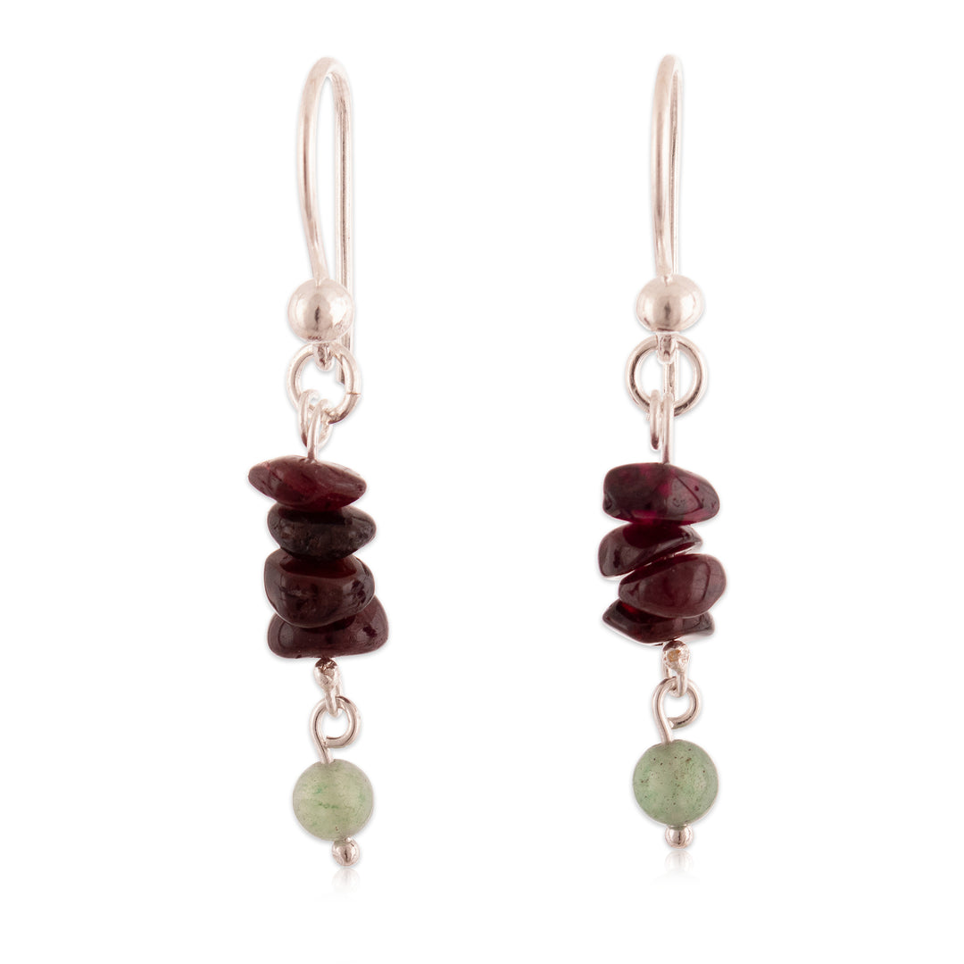 Garnet Aventurine Beaded Sterling Silver Dangle Earrings - Exotic Glints
