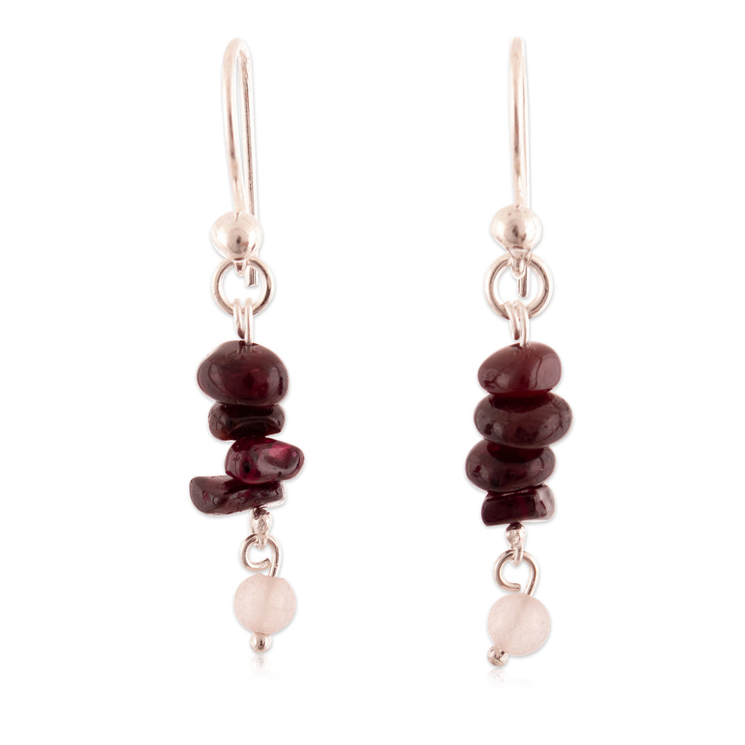 Garnet and Rose Quartz Beaded Silver Dangle Earrings - Lovely Glints