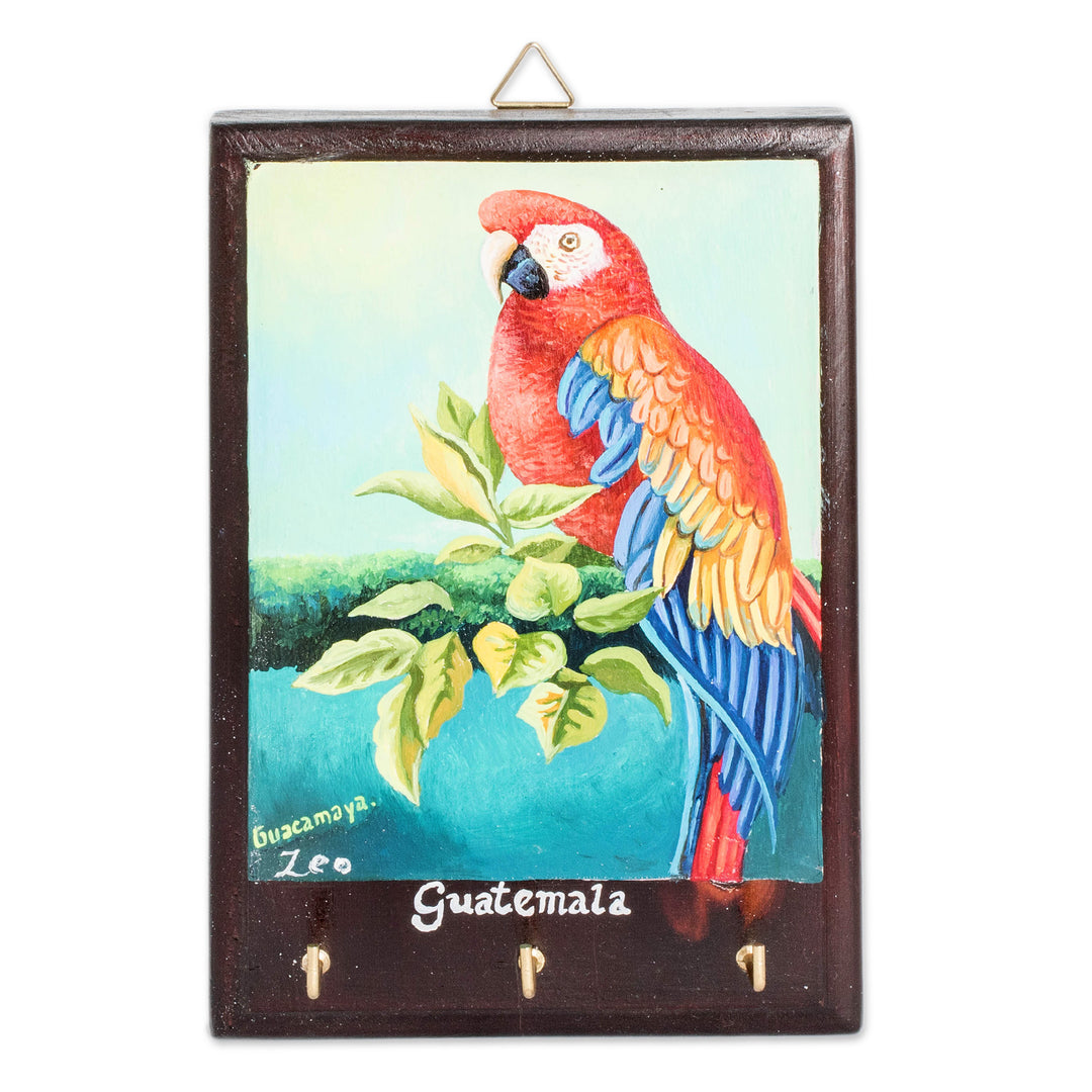 Artisan-Made Cedarwood Key Holder with Macaw Bird Portrait - The Macaw