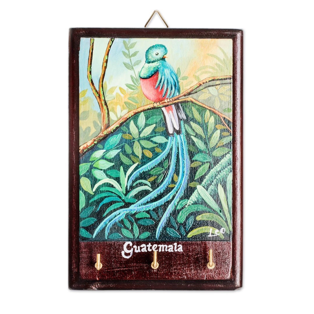 Hand-Painted Cedarwood Key Holder with Quetzal Bird Portrait - Beautiful Plumage