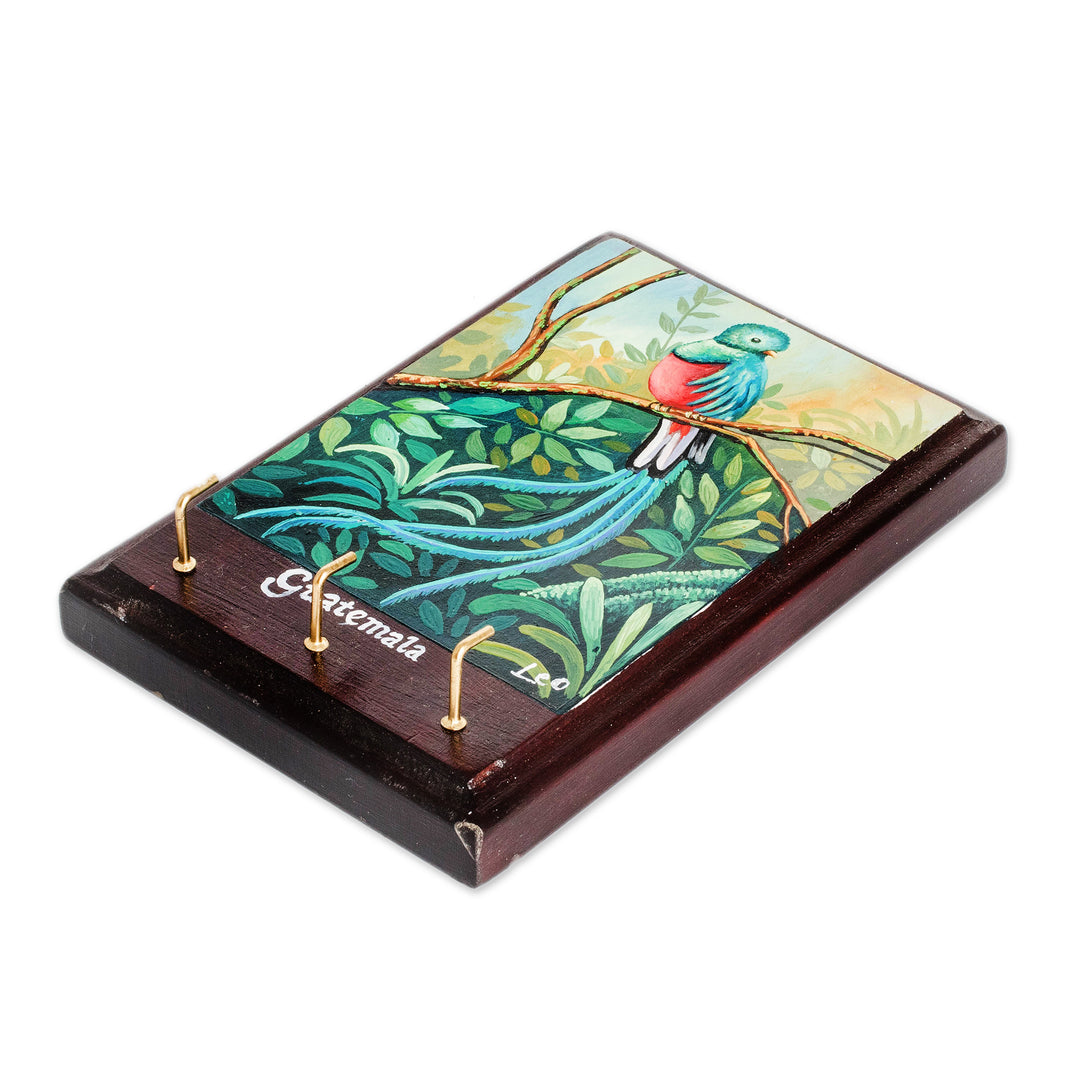 Hand-Painted Cedarwood Key Holder with Quetzal Bird Portrait - Beautiful Plumage