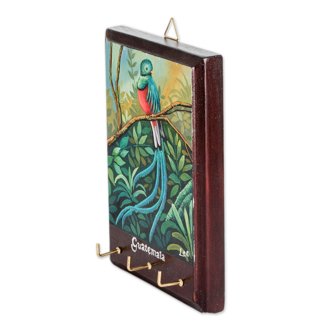Hand-Painted Cedarwood Key Holder with Quetzal Bird Portrait - Beautiful Plumage