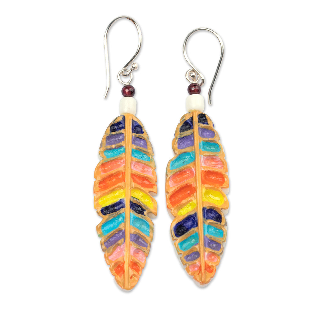 Handmade Rainbow Leafy Dangle Earrings with Garnet Beads - Rainbow Leaves