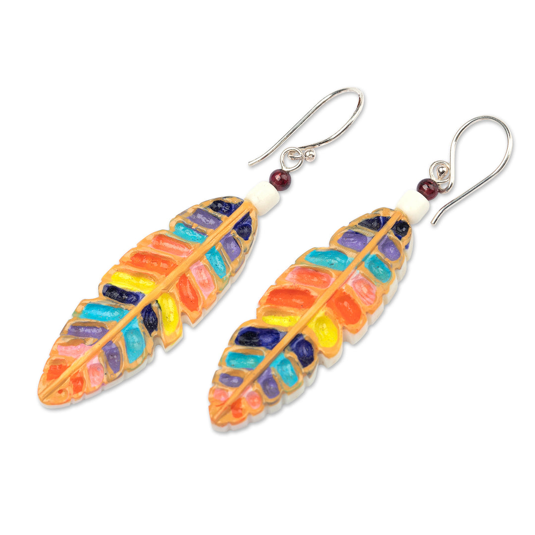 Handmade Rainbow Leafy Dangle Earrings with Garnet Beads - Rainbow Leaves