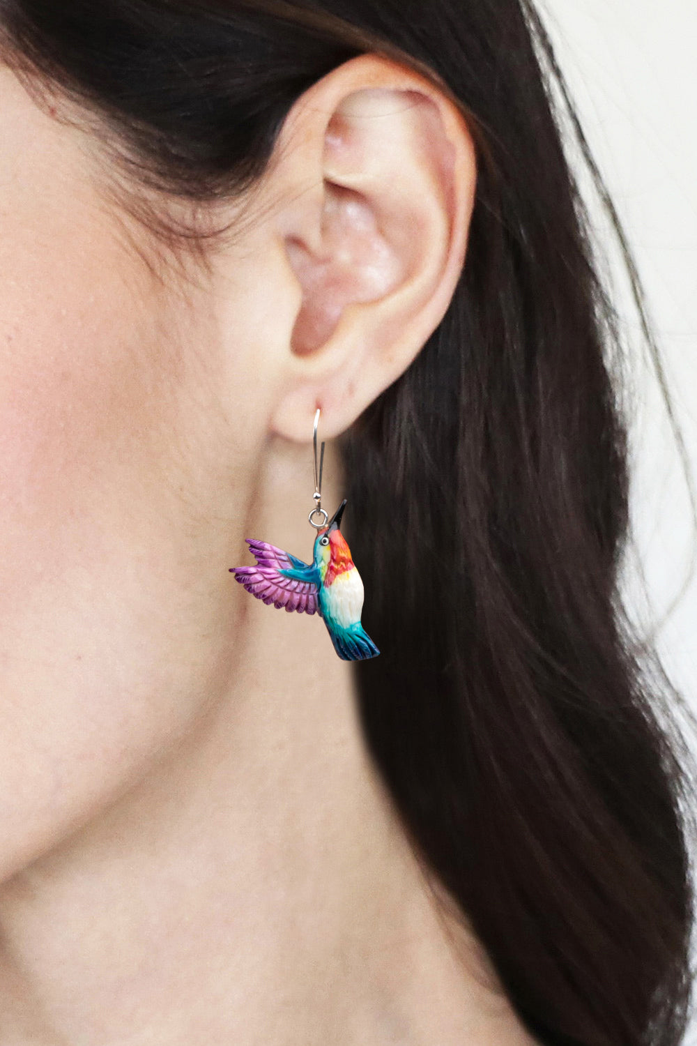 Hand-Painted Hummingbird Dangle Earrings in Teal and Purple - Magical Feathers