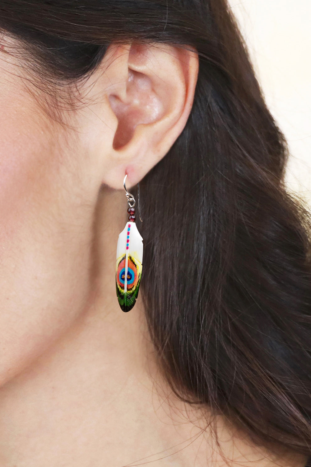 Peacock-Inspired Hand-Painted Garnet Bead Dangle Earrings - Peacock Prestige