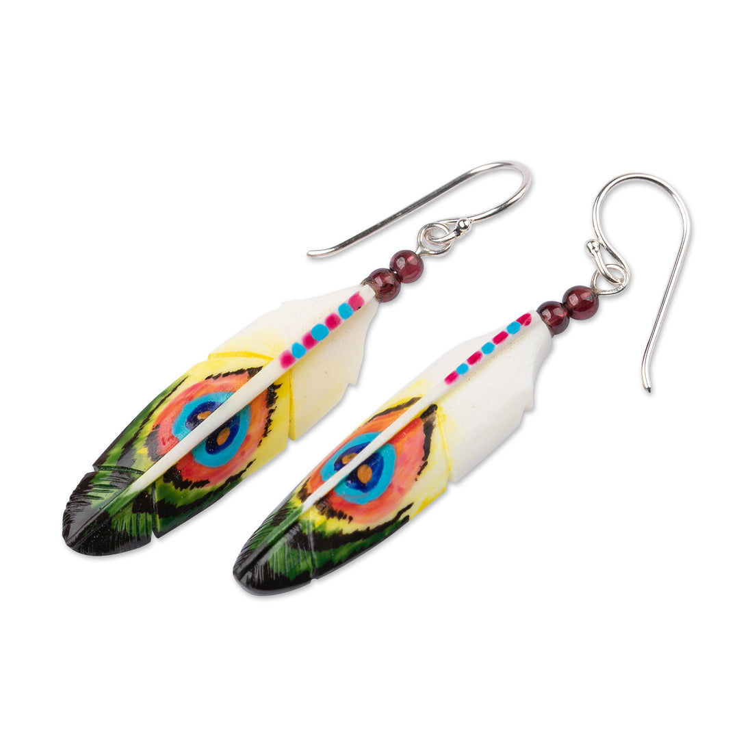Peacock-Inspired Hand-Painted Garnet Bead Dangle Earrings - Peacock Prestige