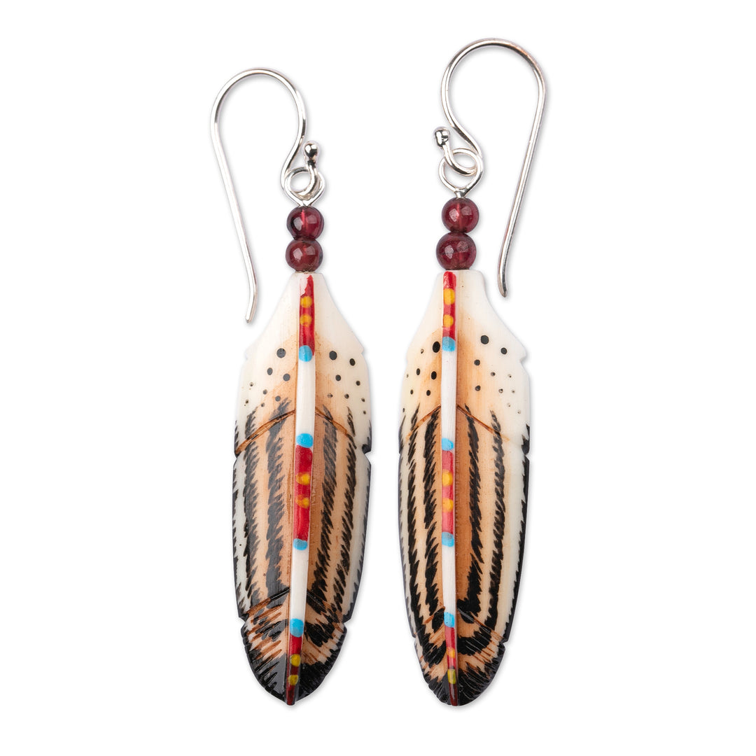 Feather-Shaped Hand-Painted Dangle Earrings with Garnet Gems - Feathered Passion