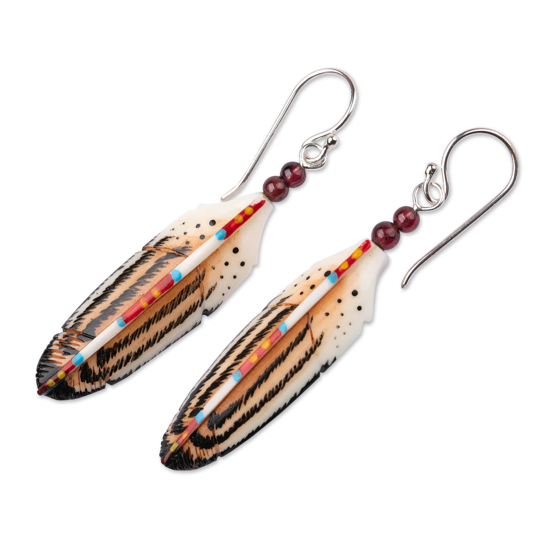 Feather-Shaped Hand-Painted Dangle Earrings with Garnet Gems - Feathered Passion
