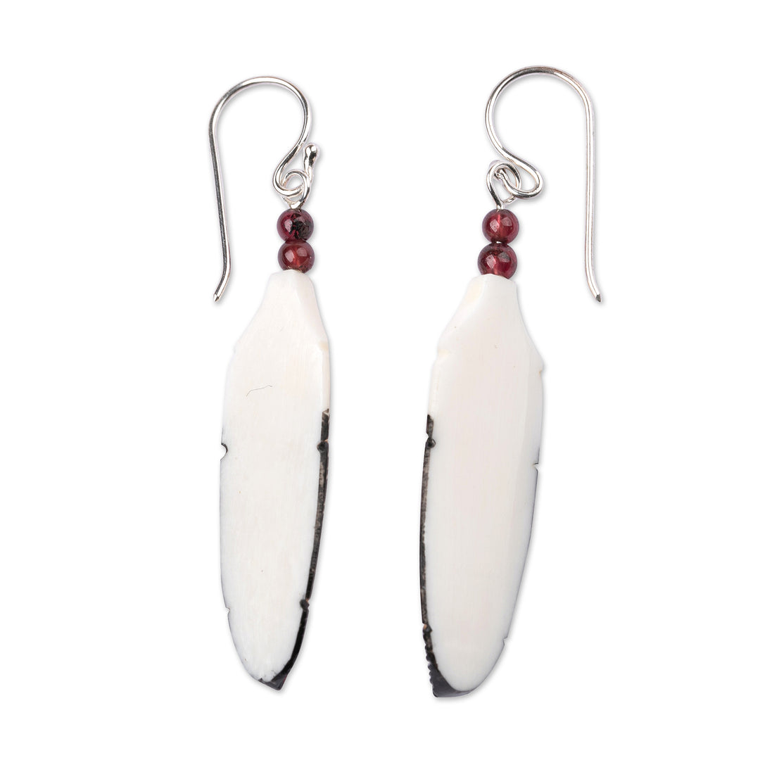 Feather-Shaped Hand-Painted Dangle Earrings with Garnet Gems - Feathered Passion