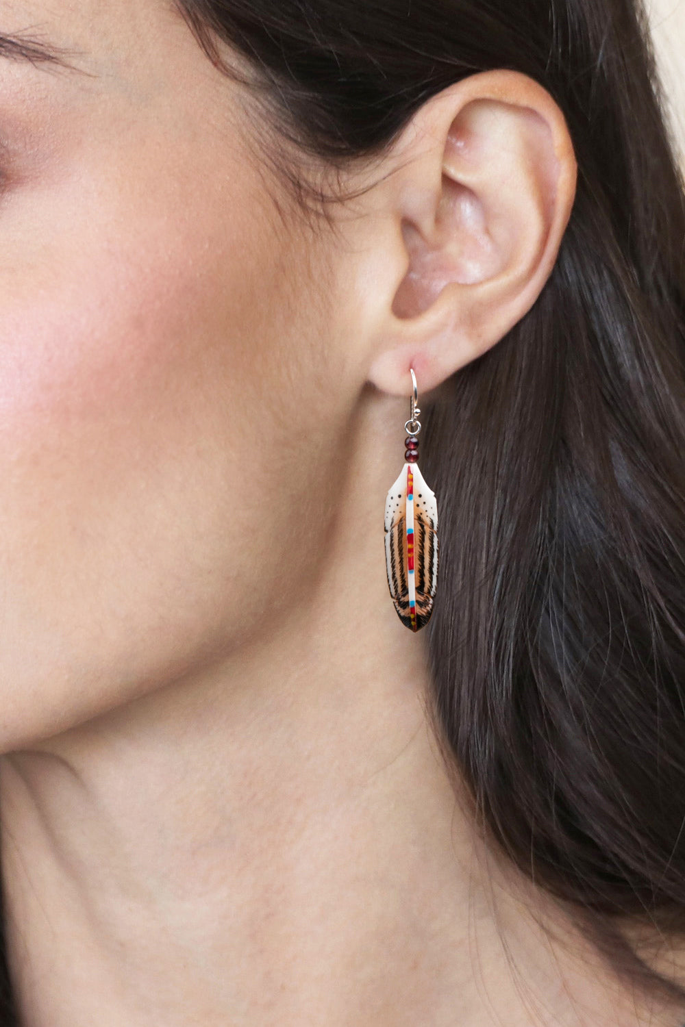 Feather-Shaped Hand-Painted Dangle Earrings with Garnet Gems - Feathered Passion