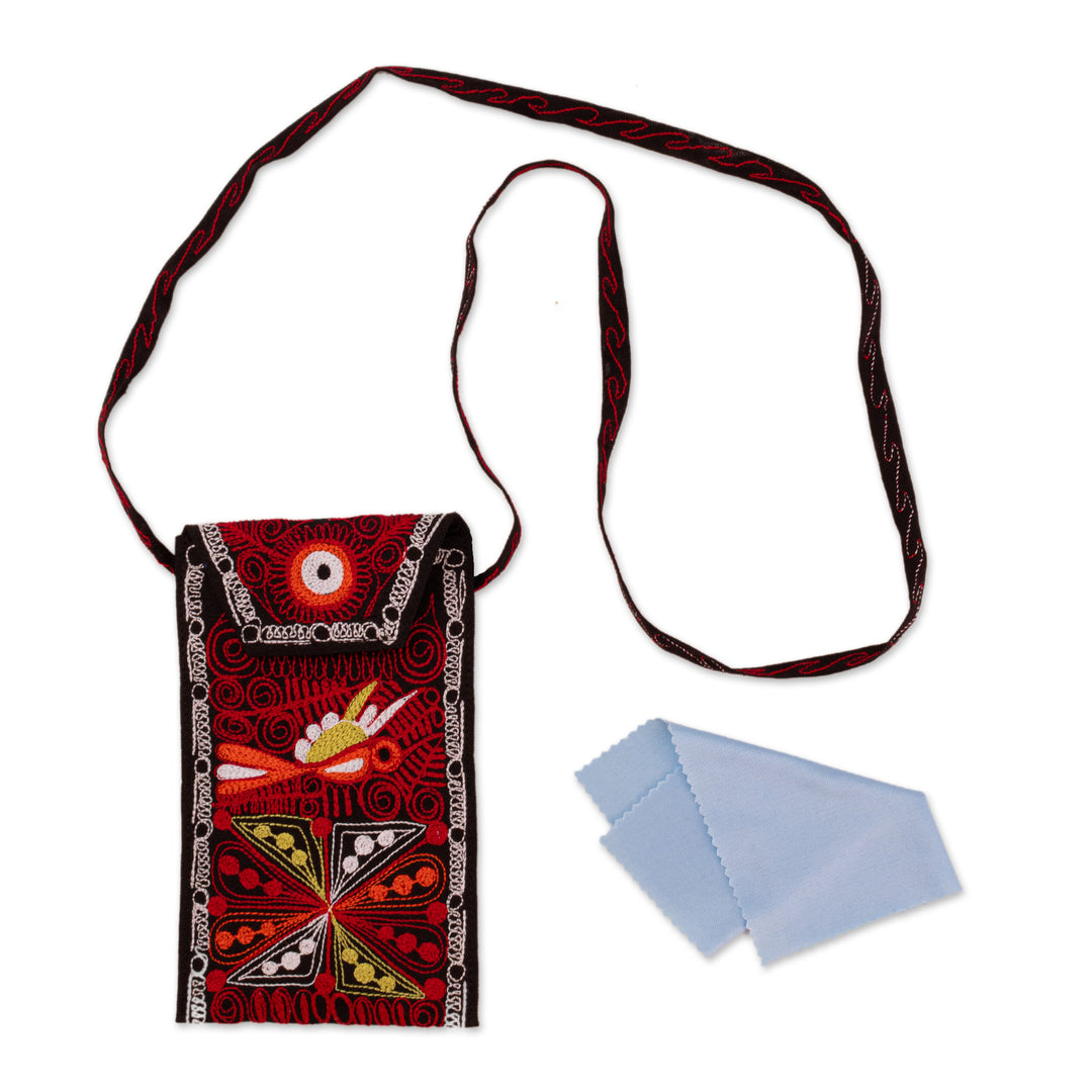 Andean-Themed Embroidered Eyeglasses Case Bag in Red Hues - Imperial Red
