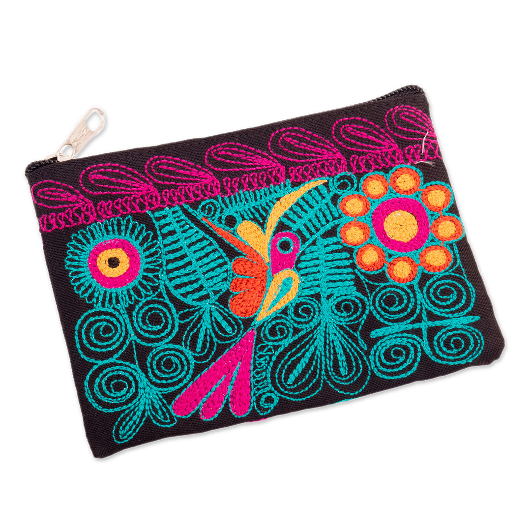 Turquoise and Fuchsia Embroidered Hummingbird Coin Purse - Free Feathers