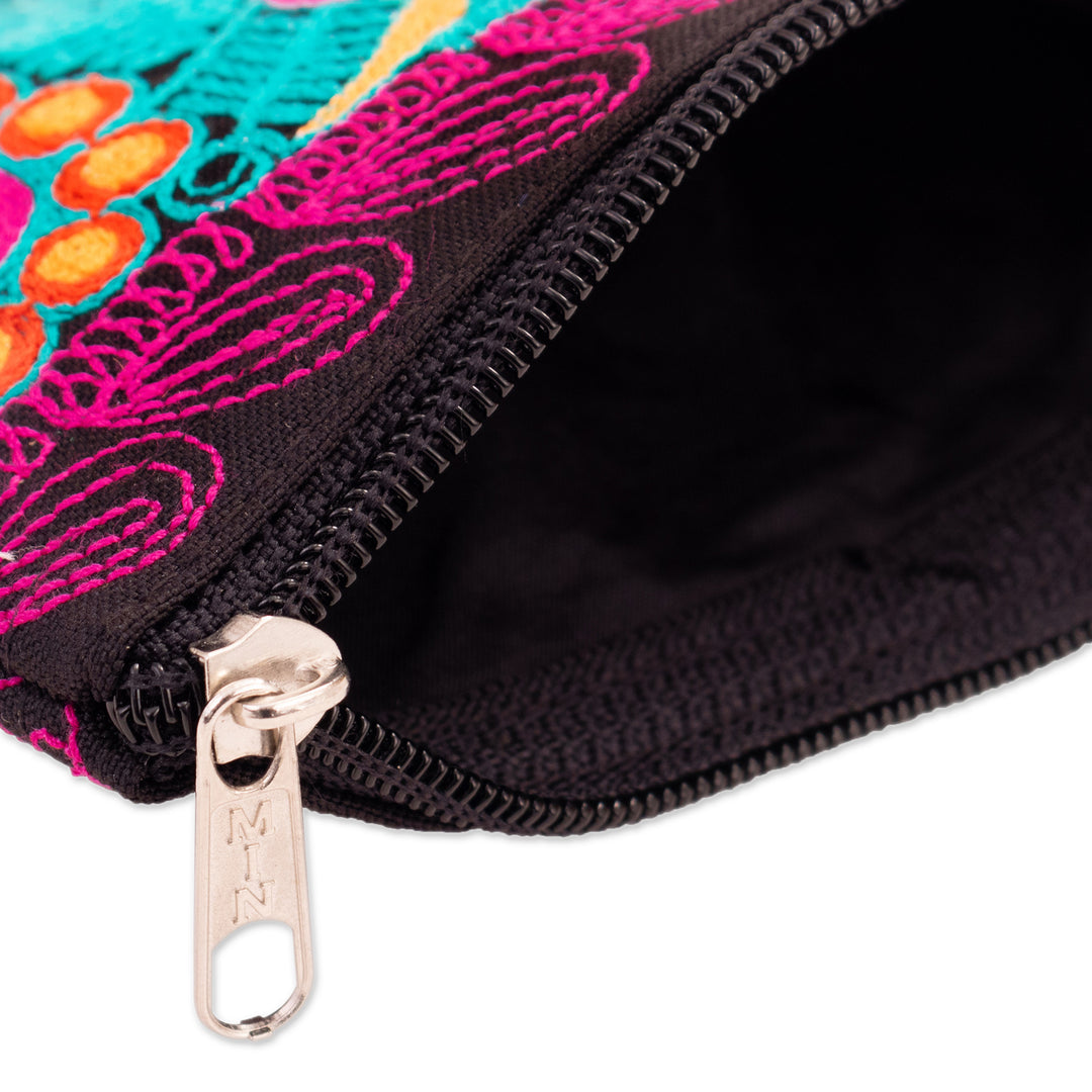 Turquoise and Fuchsia Embroidered Hummingbird Coin Purse - Free Feathers